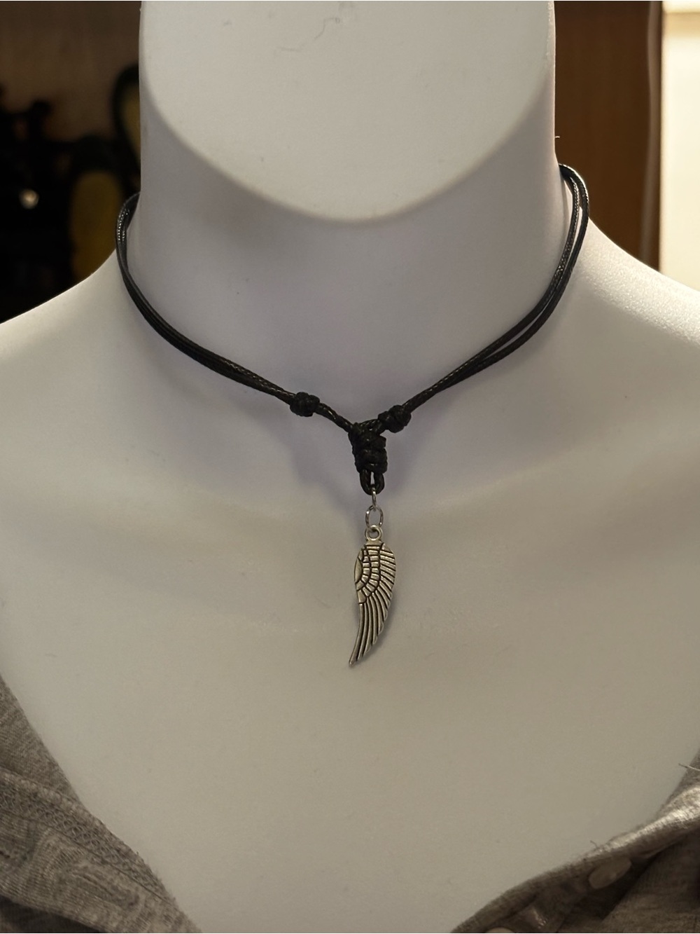 Black Cord Adjustable Choker Necklace with Silver Wing Pendant